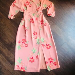 Peach Floral 3/4 Sleeve Blouse & MIDI Skirt Set